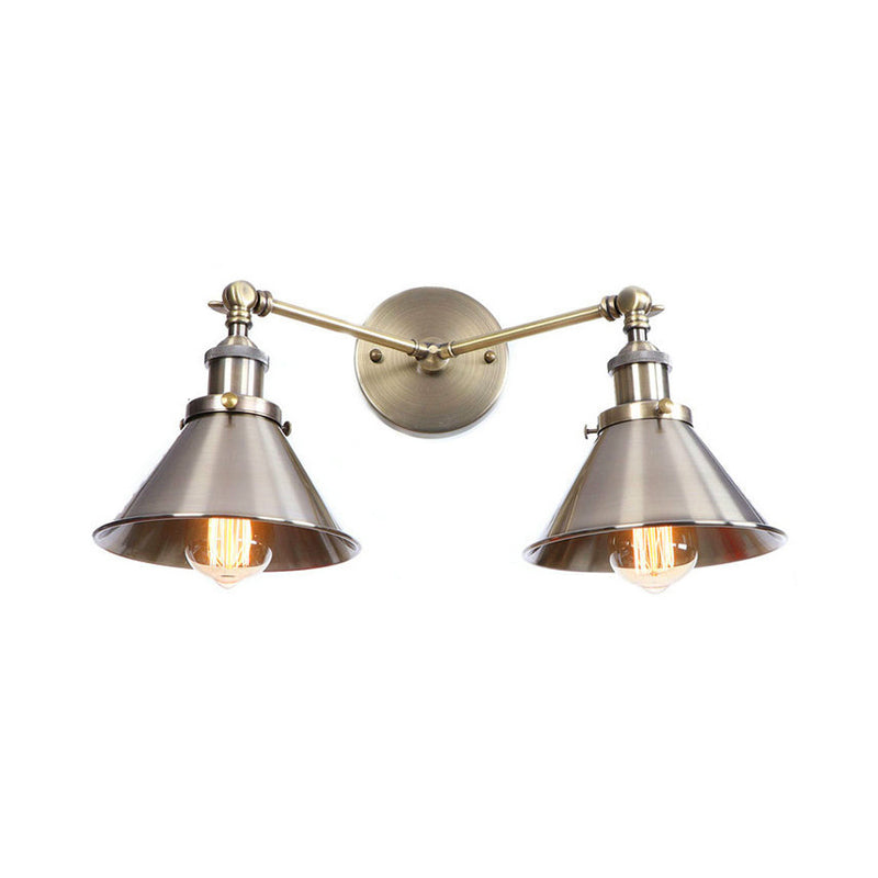 Sikunuo | Tapered Umbrella Iron Wall Mount Light Industrial Vintage 2 Heads Farmhouse Wall Mount Light in Black/Brass