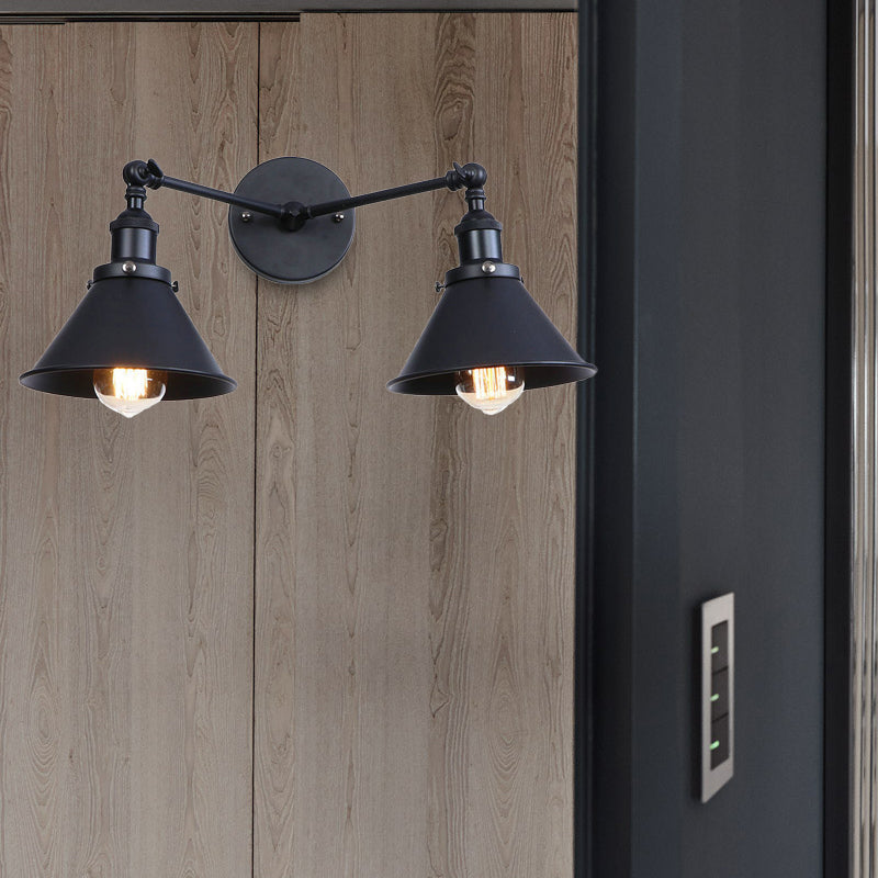 Sikunuo | Tapered Umbrella Iron Wall Mount Light Industrial Vintage 2 Heads Farmhouse Wall Mount Light in Black/Brass
