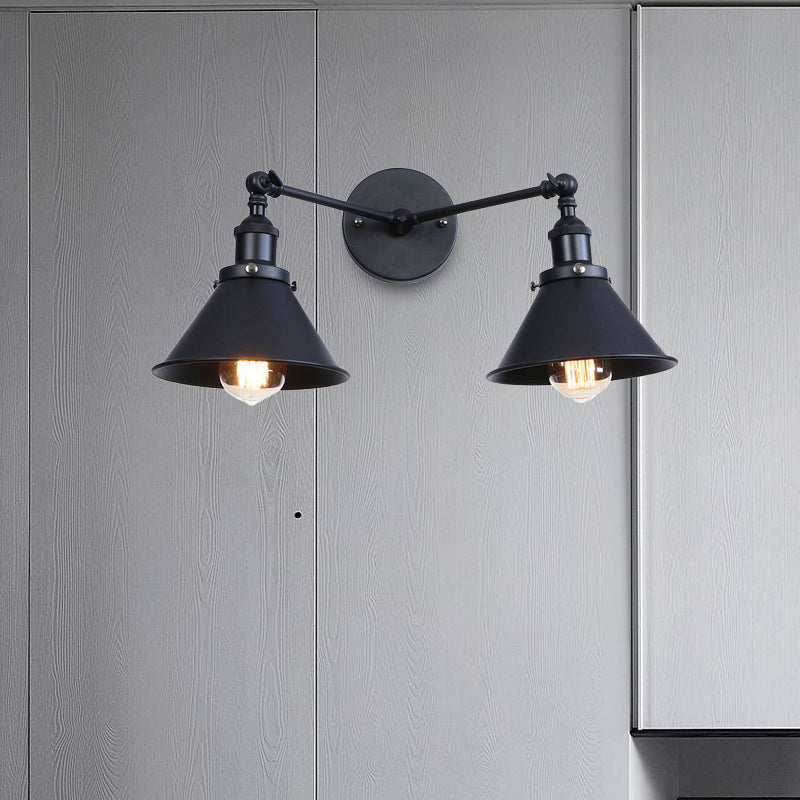 Sikunuo | Tapered Umbrella Iron Wall Mount Light Industrial Vintage 2 Heads Farmhouse Wall Mount Light in Black/Brass