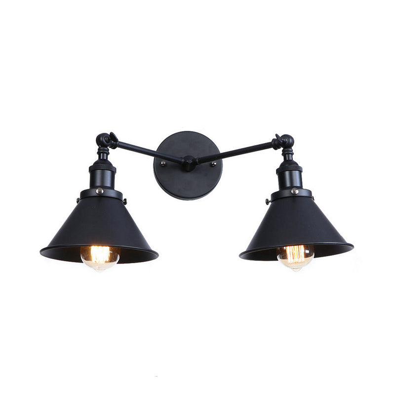 Sikunuo | Tapered Umbrella Iron Wall Mount Light Industrial Vintage 2 Heads Farmhouse Wall Mount Light in Black/Brass