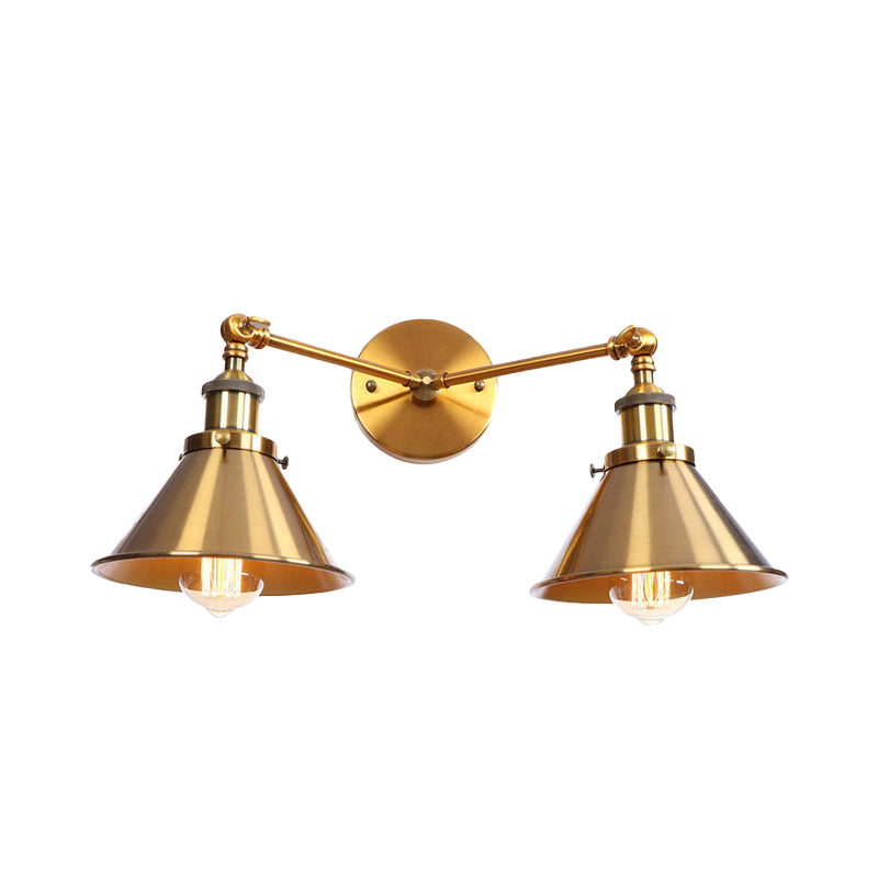 Sikunuo | Tapered Umbrella Iron Wall Mount Light Industrial Vintage 2 Heads Farmhouse Wall Mount Light in Black/Brass