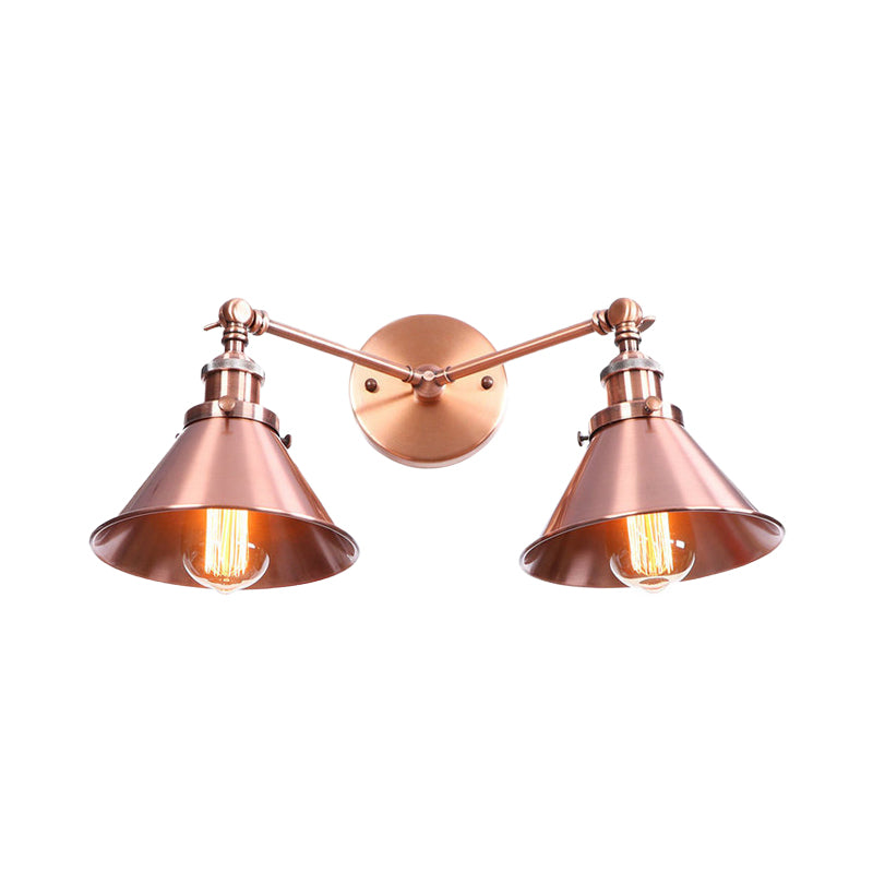 Sikunuo | Tapered Umbrella Iron Wall Mount Light Industrial Vintage 2 Heads Farmhouse Wall Mount Light in Black/Brass