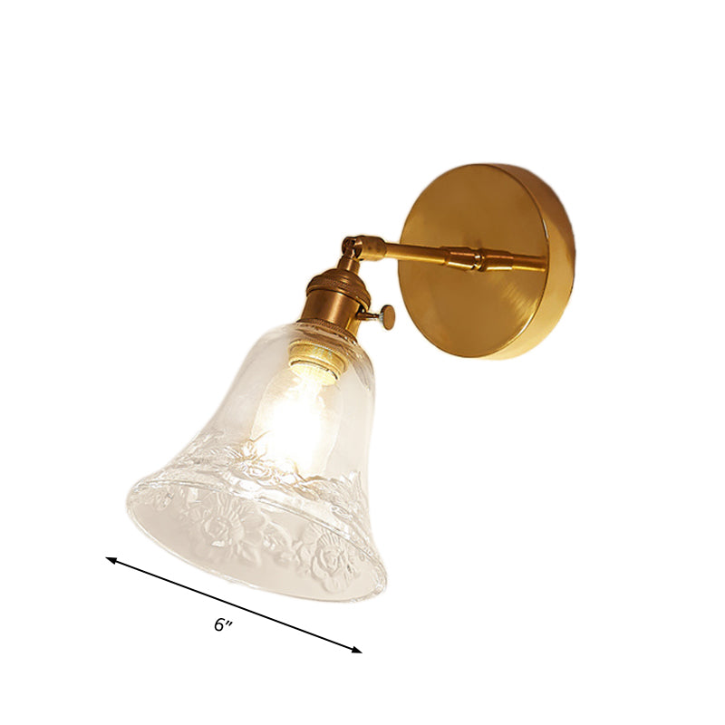 Sikunuo | 1 Light Clear Glass Wall Scone Light Rustic Brass Bell Bedroom Lighting Fixture with Flower