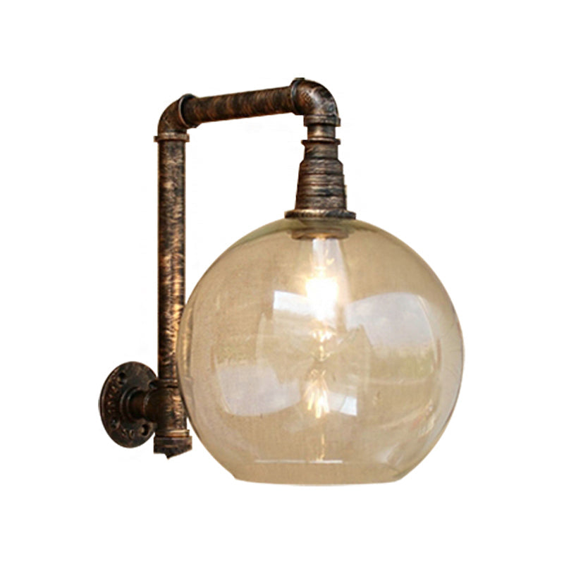 Sikunuo | Globe Stairway Wall Lamp Industrial Clear Glass 1 Light Aged Brass Wall Mounted Light with Corner Pipe, 8"/10" Width