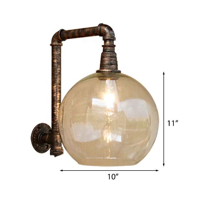 Sikunuo | Globe Stairway Wall Lamp Industrial Clear Glass 1 Light Aged Brass Wall Mounted Light with Corner Pipe, 8"/10" Width