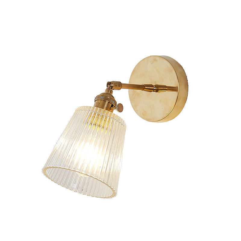 Sikunuo | 1 Light Clear Ribbed Glass Wall Lamp Light Industrial Brass Cone Living Room Lighting Fixture