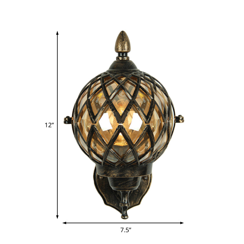 Sikunuo | 1 Light Amber Glass Wall Lamp Light Industrial Black Ball Dining Room Lighting Fixture with Cage
