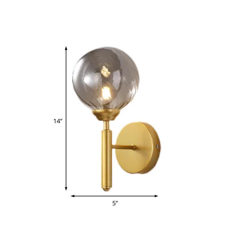 Sikunuo | 1 Bulb Globe Wall Mounted Light Fixture Modern Brass Smoked Textured Glass Lighting