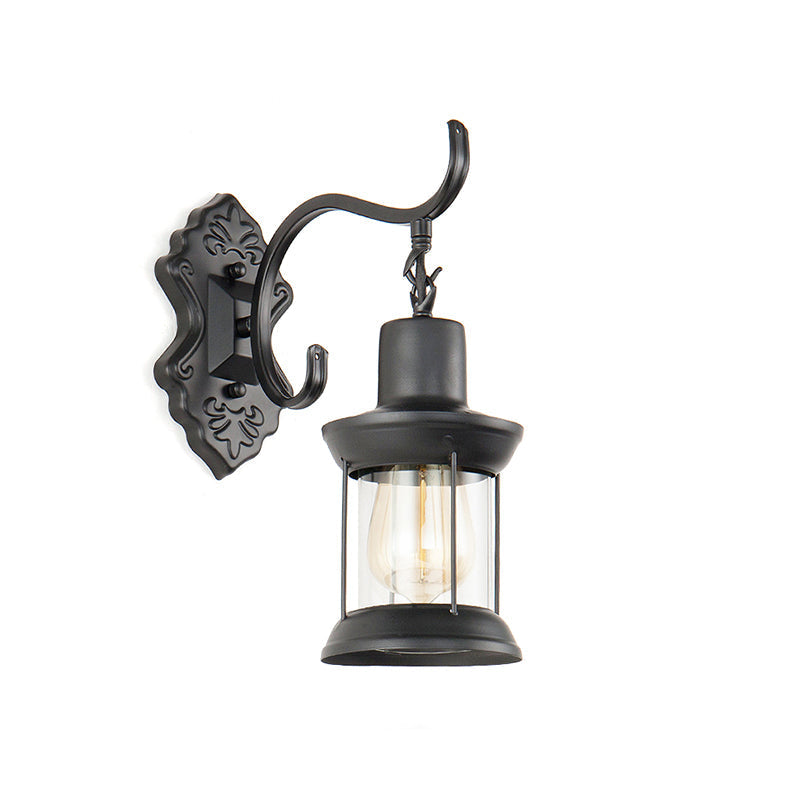 Sikunuo | Lantern Clear Glass Wall Mounted Lamp Vintage Single Bulb Outdoor Wall Light in Black with Carved Pattern
