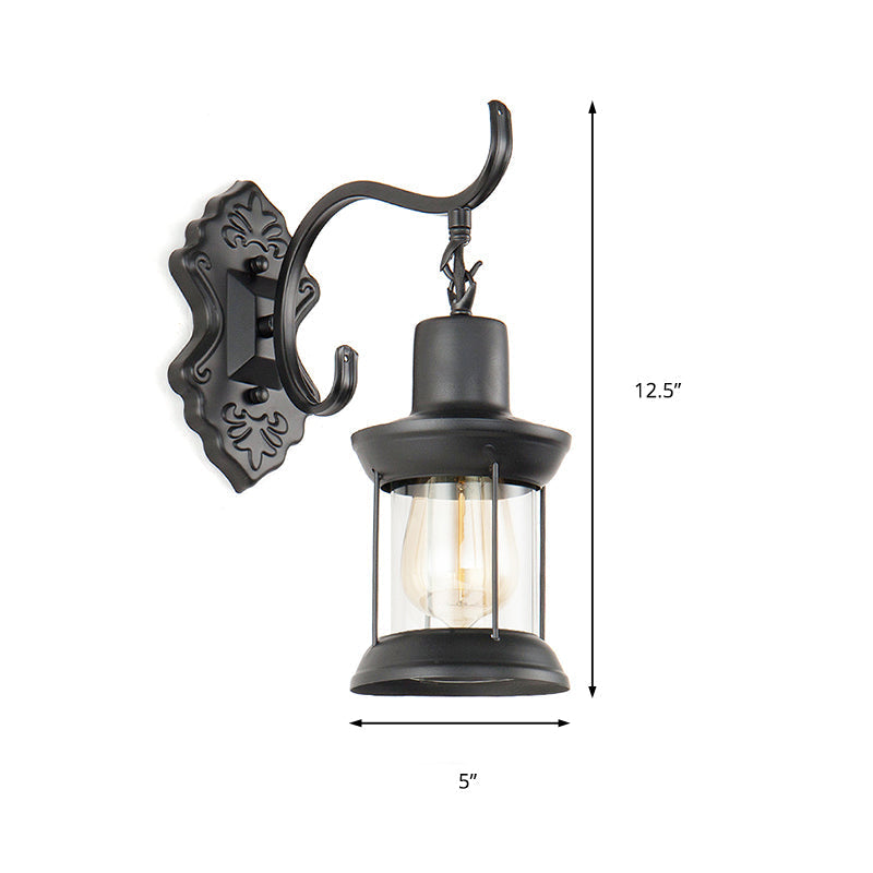 Sikunuo | Lantern Clear Glass Wall Mounted Lamp Vintage Single Bulb Outdoor Wall Light in Black with Carved Pattern