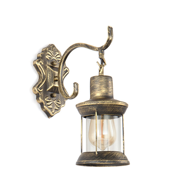 Sikunuo | 1 Light Bulb Kerosene Wall Mounted Light Rustic Style Aged Bronze Clear Glass Lighting with Engraved Pattern