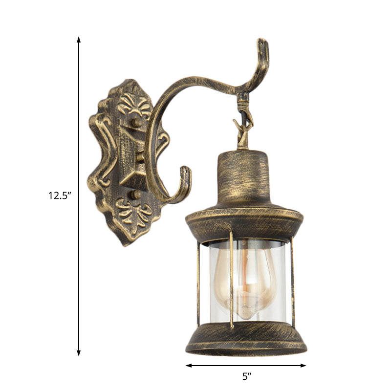 Sikunuo | 1 Light Bulb Kerosene Wall Mounted Light Rustic Style Aged Bronze Clear Glass Lighting with Engraved Pattern