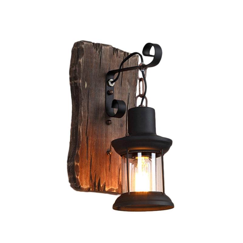 Sikunuo | Black One-Light Wall Sconce Rustic Clear Glass with Grid Lighting and Wood Back Panel