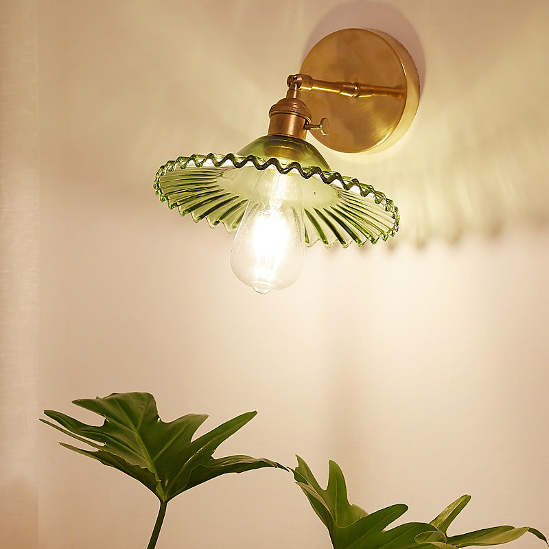 Sikunuo | Industrial Bowl Wall Lighting Fixture 1 Bulb Green Glass Wall Light in Brass