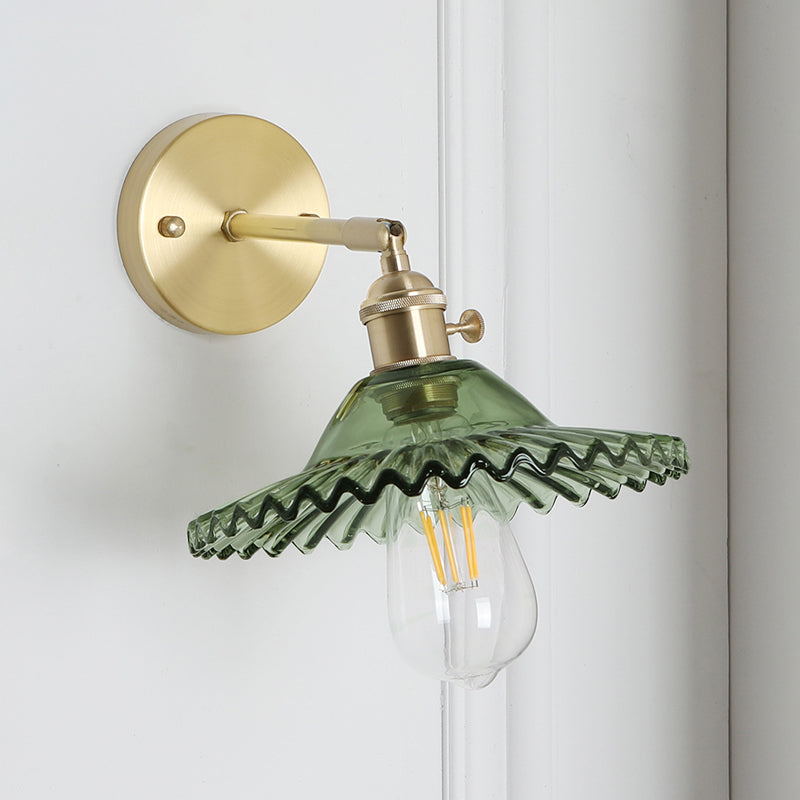 Sikunuo | Industrial Bowl Wall Lighting Fixture 1 Bulb Green Glass Wall Light in Brass