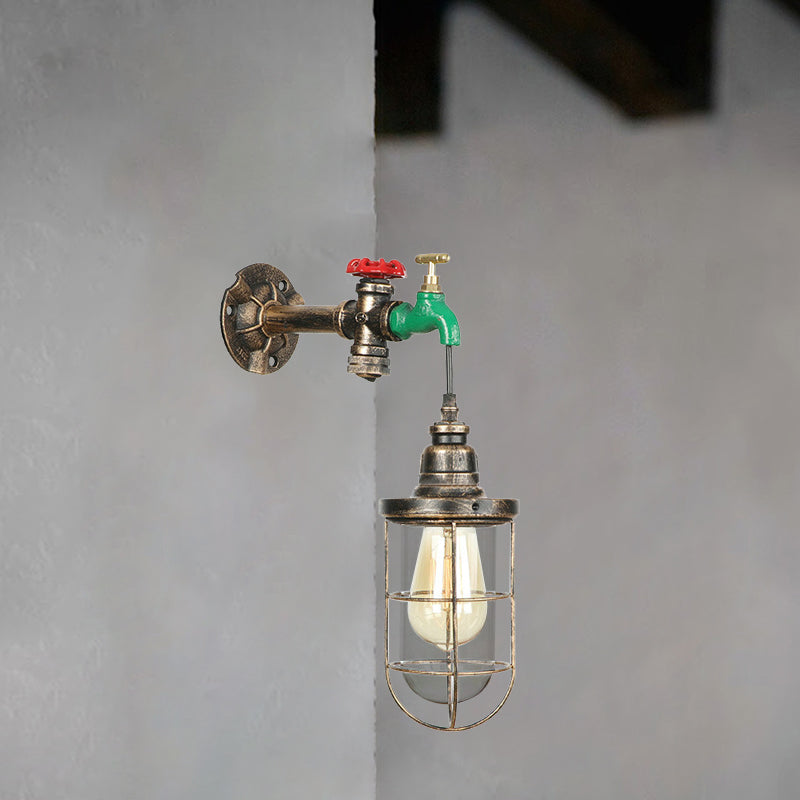 Sikunuo | Faucet Design Metal Wall Lamp Steampunk Style 1 Bulb Balcony Wall Light with Wire Protection in Antique Bronze