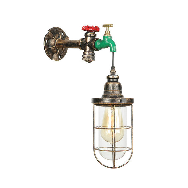 Sikunuo | Faucet Design Metal Wall Lamp Steampunk Style 1 Bulb Balcony Wall Light with Wire Protection in Antique Bronze