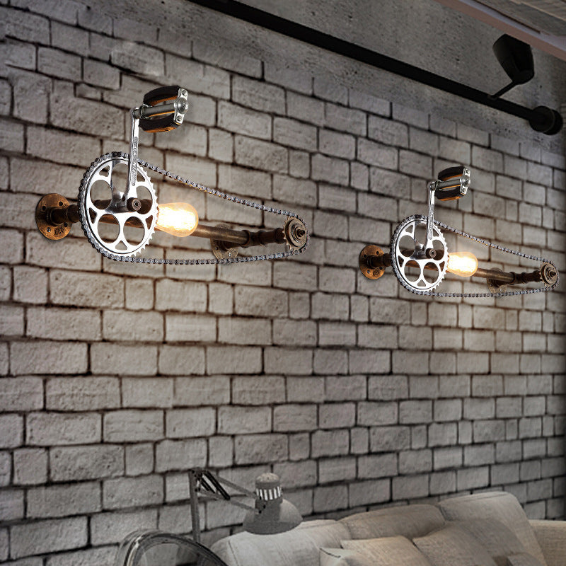 Sikunuo | Iron Gear Bicycle Wall Lamp Stock 1 Light Restaurant Wall Mounted Lamp in Bronze with Pipe Arm