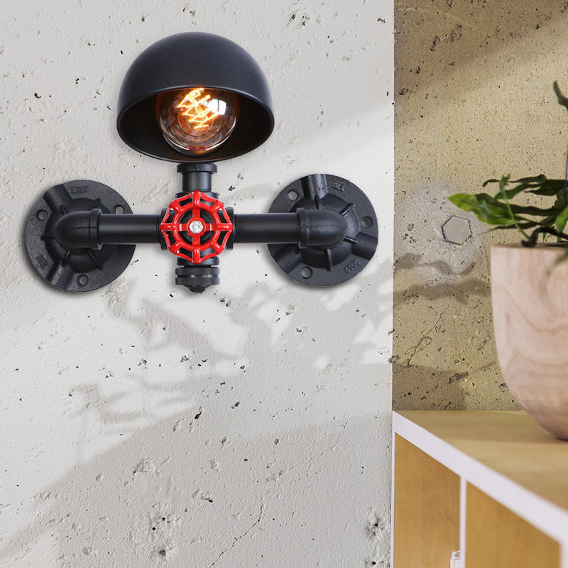 Sikunuo | Steampunk Dome Wall Lamp Fixture with Valve Wheel 1 Head Metallic Wall Light in Black for Living Room