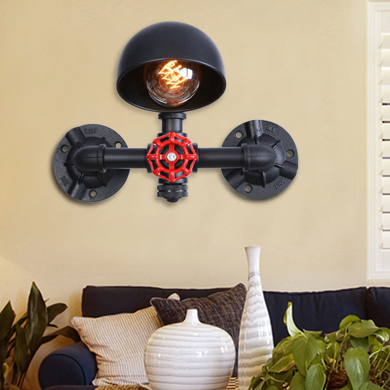 Sikunuo | Steampunk Dome Wall Lamp Fixture with Valve Wheel 1 Head Metallic Wall Light in Black for Living Room