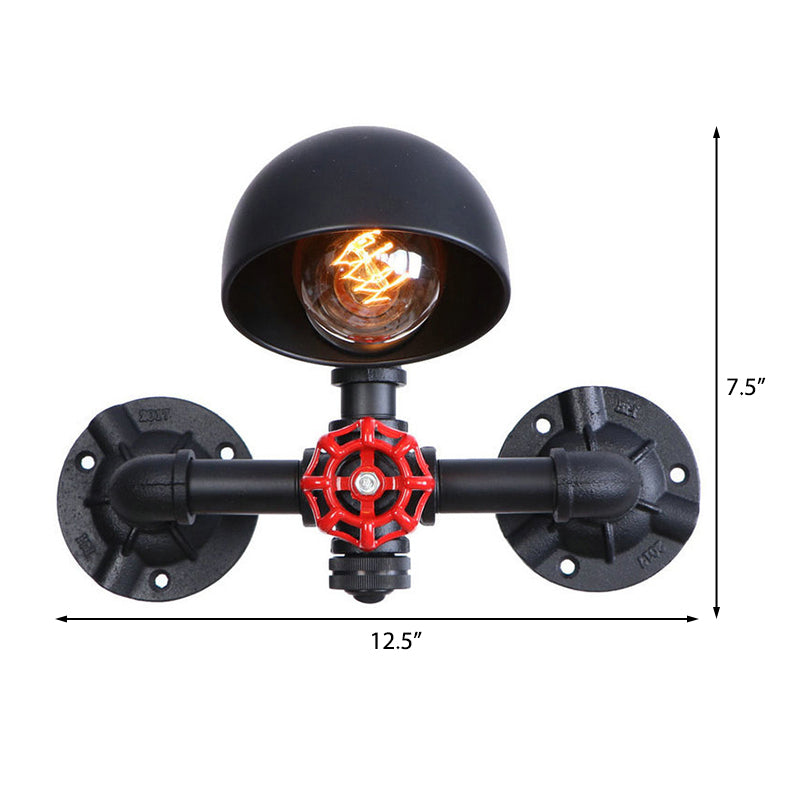 Sikunuo | Steampunk Dome Wall Lamp Fixture with Valve Wheel 1 Head Metallic Wall Light in Black for Living Room