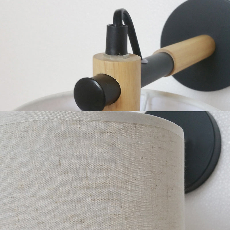 Sikunuo | Fabric Cylindrical Wall Light Modernist 1 Light Bedroom Wall Mounted Light with Wood Connection in Black/White