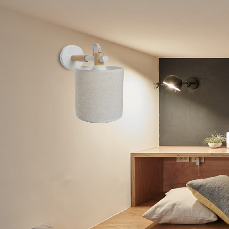 Sikunuo | Fabric Cylindrical Wall Light Modernist 1 Light Bedroom Wall Mounted Light with Wood Connection in Black/White