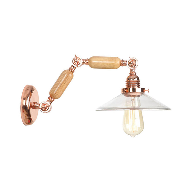 Sikunuo | Clear Glass Wood Wall Light Cone 1-Light Industrial Wall Lamp with Extendable Arm
