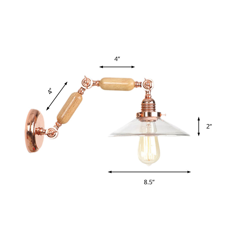 Sikunuo | Clear Glass Wood Wall Light Cone 1-Light Industrial Wall Lamp with Extendable Arm