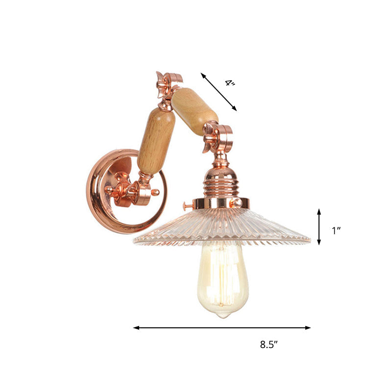 Sikunuo | A wall light with a light bulb and conical shade made of clear prismatic glass, industrial wall lamp for the living room with curved arm