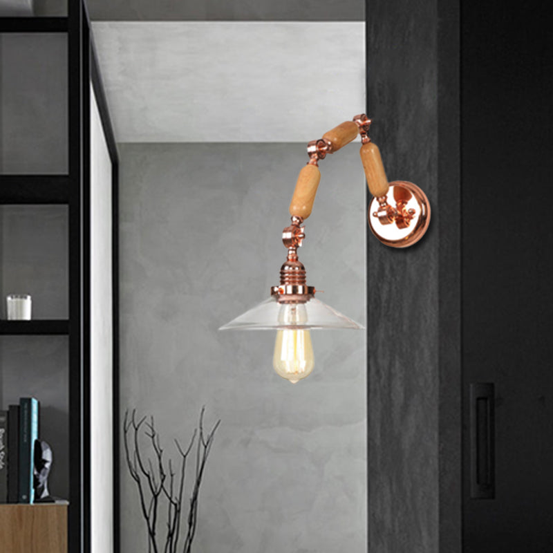 Sikunuo | Cone-shaped Clear Glass Wall Lamp Vintage Single Bulb Living Room Sconces Light in Rose Gold with Arm