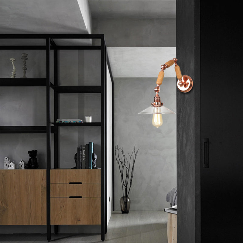 Sikunuo | Cone-shaped Clear Glass Wall Lamp Vintage Single Bulb Living Room Sconces Light in Rose Gold with Arm