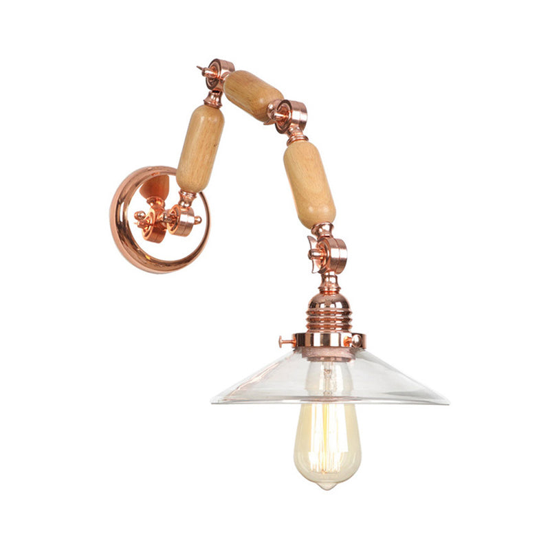 Sikunuo | Cone-shaped Clear Glass Wall Lamp Vintage Single Bulb Living Room Sconces Light in Rose Gold with Arm