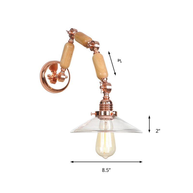 Sikunuo | Cone-shaped Clear Glass Wall Lamp Vintage Single Bulb Living Room Sconces Light in Rose Gold with Arm