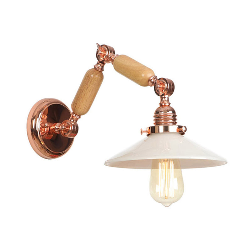 Sikunuo | White glass conical wall lamp industrial 1 light living room lighting fixture with retractable arm