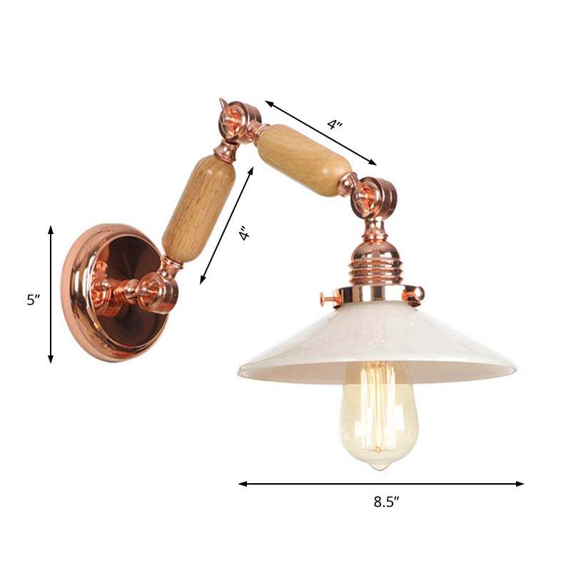 Sikunuo | White glass conical wall lamp industrial 1 light living room lighting fixture with retractable arm