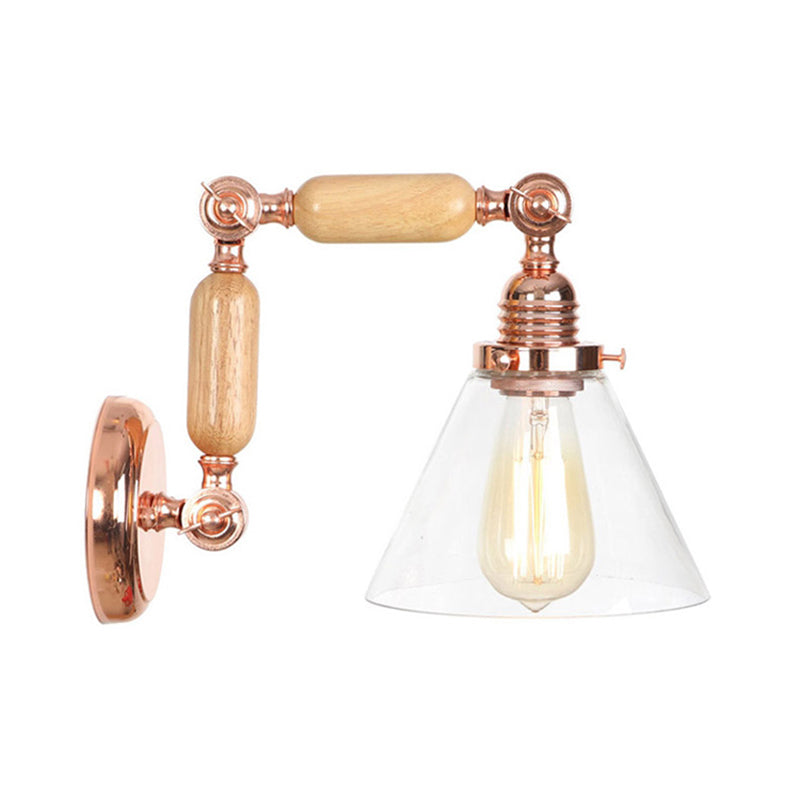 Sikunuo | Cone Shade Bedroom Wall Lamp Vintage Clear Glass 1 Light Wooden Wall Lamp with Long Arm