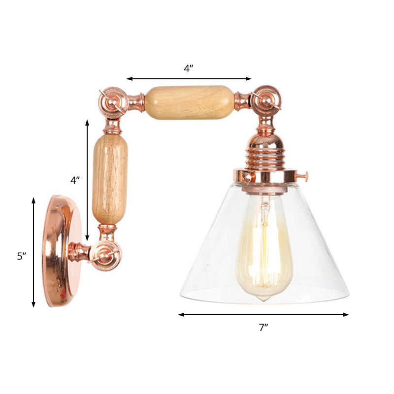 Sikunuo | Cone Shade Bedroom Wall Lamp Vintage Clear Glass 1 Light Wooden Wall Lamp with Long Arm