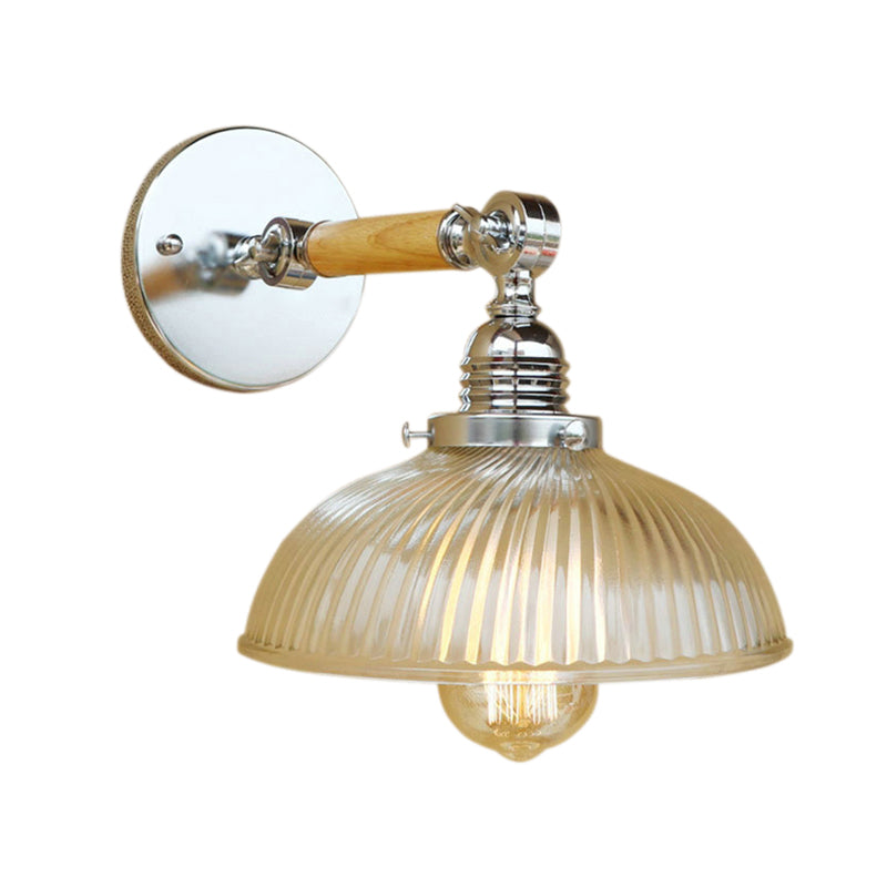 Sikunuo | Curved Living Room Wall Light Fixture Antique Stylish Ribbed Glass 1 Light Clear Wall Lamp for Hallway, 8"/4"/6" L Wooden Arm