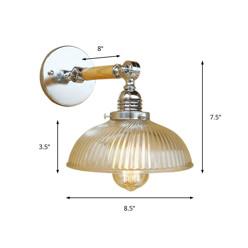 Sikunuo | Curved Living Room Wall Light Fixture Antique Stylish Ribbed Glass 1 Light Clear Wall Lamp for Hallway, 8"/4"/6" L Wooden Arm