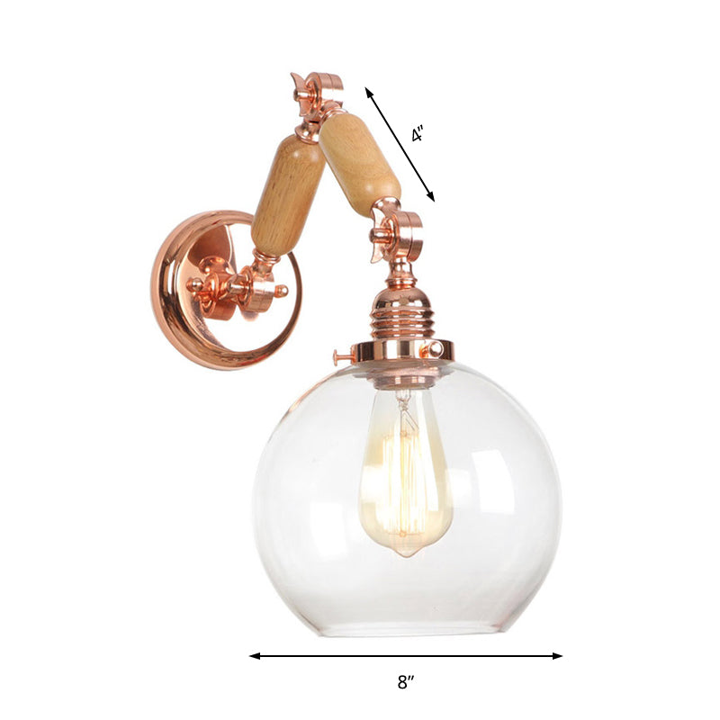 Sikunuo | 1 Bulb Globe Wall Mounted Light Fixture Rustic Rose Gold Clear Glass Lighting with Retractable Arm