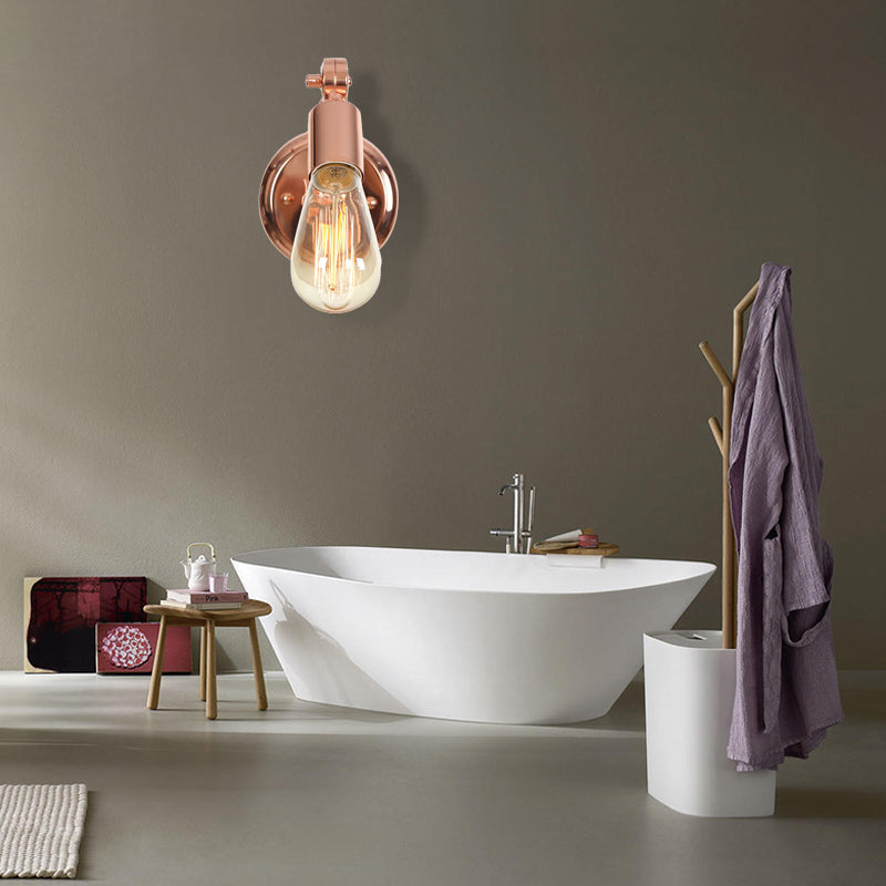 Sikunuo | Rose Gold Armed Wall Light Retro Industrial Iron 1 Light Bathroom Rotatable Wall Lamp with Exposed Bulb