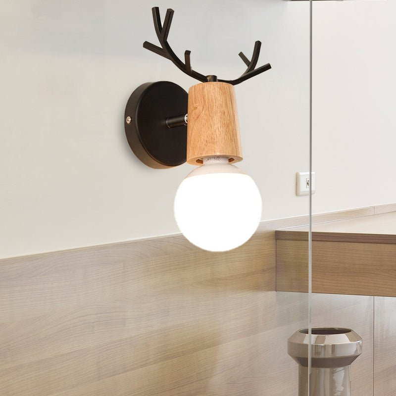Sikunuo | 1 Light Bare Bulb Wall Lamp Modern Style Black/White Finish Metal and Wood Wall Lighting with Deer Side