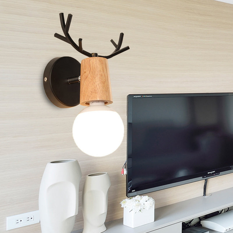 Sikunuo | 1 Light Bare Bulb Wall Lamp Modern Style Black/White Finish Metal and Wood Wall Lighting with Deer Side