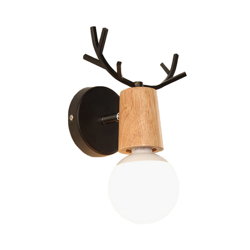 Sikunuo | 1 Light Bare Bulb Wall Lamp Modern Style Black/White Finish Metal and Wood Wall Lighting with Deer Side