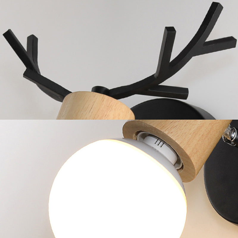 Sikunuo | 1 Light Bare Bulb Wall Lamp Modern Style Black/White Finish Metal and Wood Wall Lighting with Deer Side