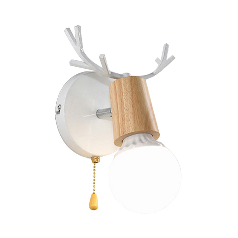 Sikunuo | 1 Light Bare Bulb Wall Lamp Modern Style Black/White Finish Metal and Wood Wall Lighting with Deer Side