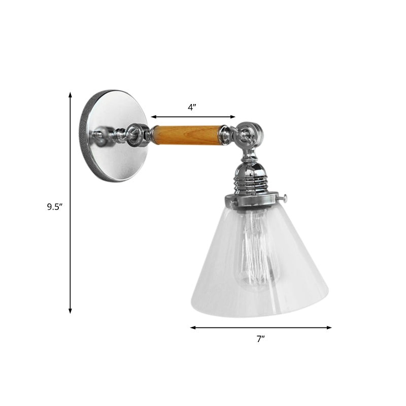 Sikunuo | Cone Clear Glass Wall Mounted Lamp Industrial Single Bulb Dining Room Wall Light, 8"/4"/14"