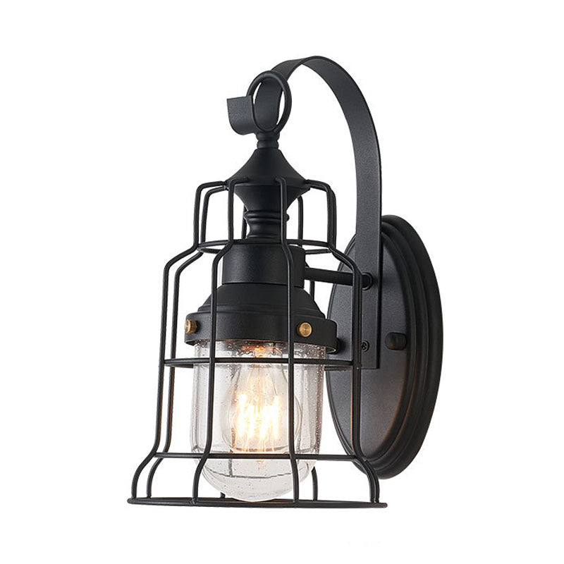 Sikunuo | 1 Light Bell Shade Wall Lamp Industrial Black Glass Wall Lamp for Corridor with Metal Cage Frame