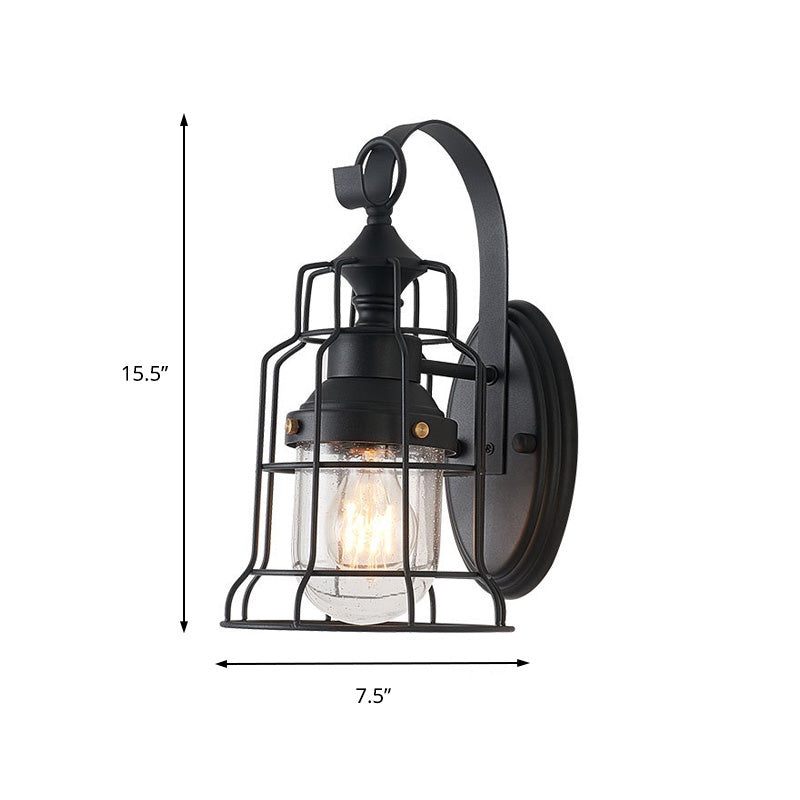 Sikunuo | 1 Light Bell Shade Wall Lamp Industrial Black Glass Wall Lamp for Corridor with Metal Cage Frame